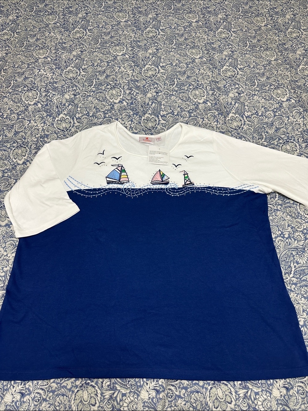 Quacker Factory White & Blue Nautical Sailboat Colorblock Long-Sleeve Top